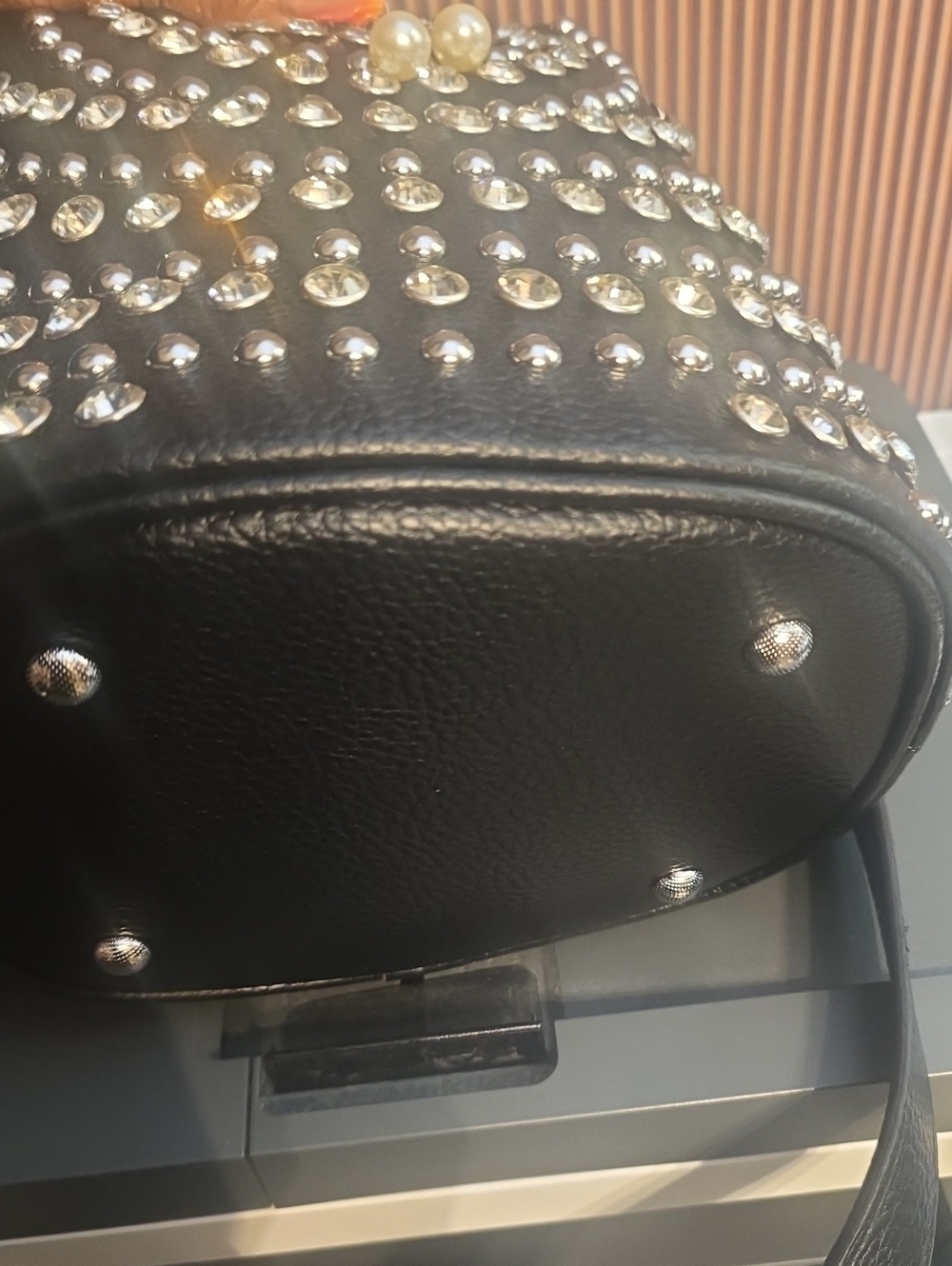 Black Studded Bucket Bag with Chain Drawstring - Picture 5 of 8